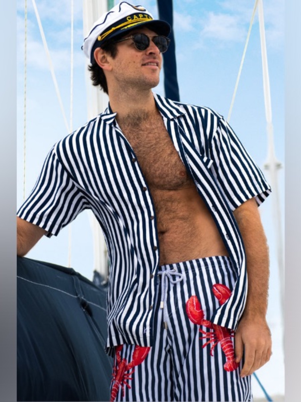 Kenny Flowers The Nauti Lobster Blue & White Striped Swim Trunks, Size L